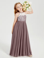 Robes de Demoiselle d'Honneur Longues en Mousseline avec Haut en Dentelle Vintage Mauve