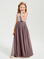 Robes de Demoiselle d'Honneur Longues en Mousseline avec Haut en Dentelle Vintage Mauve