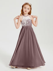 Robes de Demoiselle d'Honneur Longues en Mousseline avec Haut en Dentelle Vintage Mauve