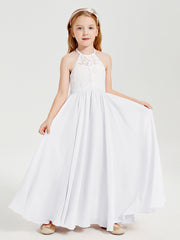 Robes de Demoiselle d'Honneur Longues en Mousseline avec Haut en Dentelle Blanc