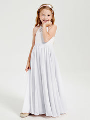 Robes de Demoiselle d'Honneur Longues en Mousseline avec Haut en Dentelle Blanc