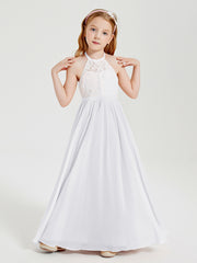 Robes de Demoiselle d'Honneur Longues en Mousseline avec Haut en Dentelle Blanc