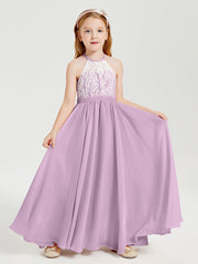 Robes de Demoiselle d'Honneur Longues en Mousseline avec Haut en Dentelle Glycine