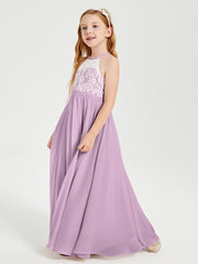 Robes de Demoiselle d'Honneur Longues en Mousseline avec Haut en Dentelle Glycine