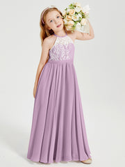 Robes de Demoiselle d'Honneur Longues en Mousseline avec Haut en Dentelle Glycine