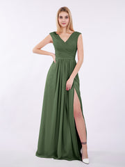Col en V Mousseline Robe avec Mancheron Olive Verte