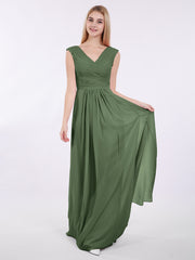 Col en V Mousseline Robe avec Mancheron Olive Verte