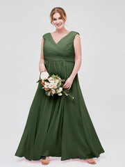 Col en V Mousseline Robe avec Mancheron Olive Verte Grande Taille