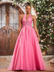 Maxi Robe de Bal Appliquée avec Corset en Tulle et Dentelle à Col Licou Azalée