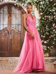 Maxi Robe de Bal Appliquée avec Corset en Tulle et Dentelle à Col Licou Azalée