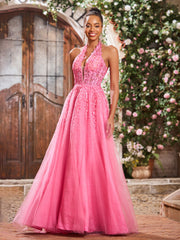 Maxi Robe de Bal Appliquée avec Corset en Tulle et Dentelle à Col Licou Azalée