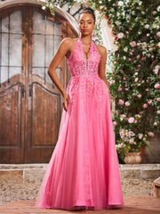 Maxi Robe de Bal Appliquée avec Corset en Tulle et Dentelle à Col Licou Azalée