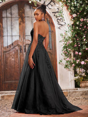 Maxi Robe de Bal Appliquée avec Corset en Tulle et Dentelle à Col Licou Noir