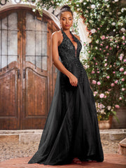 Maxi Robe de Bal Appliquée avec Corset en Tulle et Dentelle à Col Licou Noir