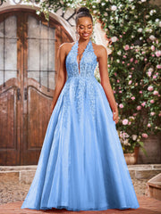 Maxi Robe de Bal Appliquée avec Corset en Tulle et Dentelle à Col Licou Bleu