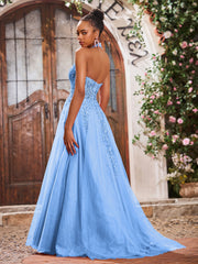 Maxi Robe de Bal Appliquée avec Corset en Tulle et Dentelle à Col Licou Bleu