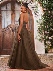 Maxi Robe de Bal Appliquée avec Corset en Tulle et Dentelle à Col Licou Brun