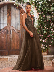 Maxi Robe de Bal Appliquée avec Corset en Tulle et Dentelle à Col Licou Brun