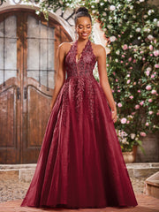 Maxi Robe de Bal Appliquée avec Corset en Tulle et Dentelle à Col Licou Bordeaux