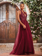 Maxi Robe de Bal Appliquée avec Corset en Tulle et Dentelle à Col Licou Bordeaux