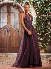Maxi Robe de Bal Appliquée avec Corset en Tulle et Dentelle à Col Licou Cabernet