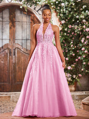 Maxi Robe de Bal Appliquée avec Corset en Tulle et Dentelle à Col Licou Rose Bonbon