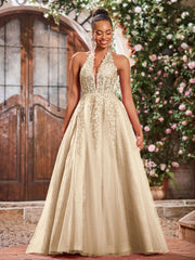 Maxi Robe de Bal Appliquée avec Corset en Tulle et Dentelle à Col Licou Champagne