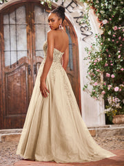 Maxi Robe de Bal Appliquée avec Corset en Tulle et Dentelle à Col Licou Champagne