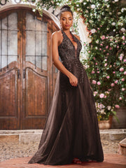 Maxi Robe de Bal Appliquée avec Corset en Tulle et Dentelle à Col Licou Chocolat