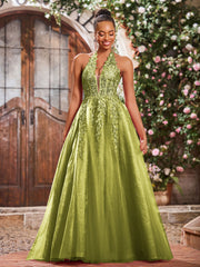 Maxi Robe de Bal Appliquée avec Corset en Tulle et Dentelle à Col Licou Trèfle