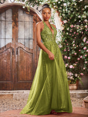 Maxi Robe de Bal Appliquée avec Corset en Tulle et Dentelle à Col Licou Trèfle