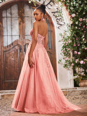 Maxi Robe de Bal Appliquée avec Corset en Tulle et Dentelle à Col Licou Corail