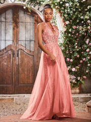 Maxi Robe de Bal Appliquée avec Corset en Tulle et Dentelle à Col Licou Corail