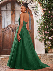 Maxi Robe de Bal Appliquée avec Corset en Tulle et Dentelle à Col Licou Vert Foncé