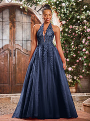 Maxi Robe de Bal Appliquée avec Corset en Tulle et Dentelle à Col Licou Bleu Marine
