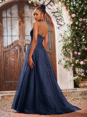 Maxi Robe de Bal Appliquée avec Corset en Tulle et Dentelle à Col Licou Bleu Marine
