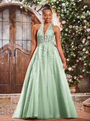 Maxi Robe de Bal Appliquée avec Corset en Tulle et Dentelle à Col Licou Sauge Poudrée