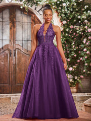 Maxi Robe de Bal Appliquée avec Corset en Tulle et Dentelle à Col Licou Raisin