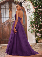 Maxi Robe de Bal Appliquée avec Corset en Tulle et Dentelle à Col Licou Raisin
