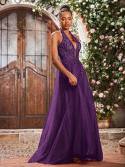 Maxi Robe de Bal Appliquée avec Corset en Tulle et Dentelle à Col Licou Raisin