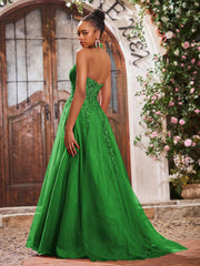 Maxi Robe de Bal Appliquée avec Corset en Tulle et Dentelle à Col Licou Vert