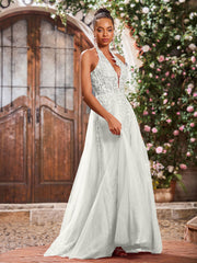 Maxi Robe de Bal Appliquée avec Corset en Tulle et Dentelle à Col Licou Ivoire