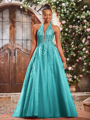 Maxi Robe de Bal Appliquée avec Corset en Tulle et Dentelle à Col Licou Jade