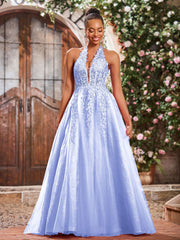 Maxi Robe de Bal Appliquée avec Corset en Tulle et Dentelle à Col Licou Lavande