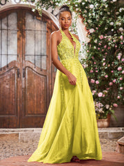 Maxi Robe de Bal Appliquée avec Corset en Tulle et Dentelle à Col Licou Citron