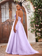 Maxi Robe de Bal Appliquée avec Corset en Tulle et Dentelle à Col Licou Lilas