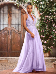 Maxi Robe de Bal Appliquée avec Corset en Tulle et Dentelle à Col Licou Lilas