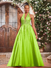 Maxi Robe de Bal Appliquée avec Corset en Tulle et Dentelle à Col Licou Vert Citron