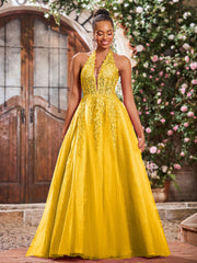 Maxi Robe de Bal Appliquée avec Corset en Tulle et Dentelle à Col Licou Souci