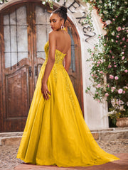 Maxi Robe de Bal Appliquée avec Corset en Tulle et Dentelle à Col Licou Souci
